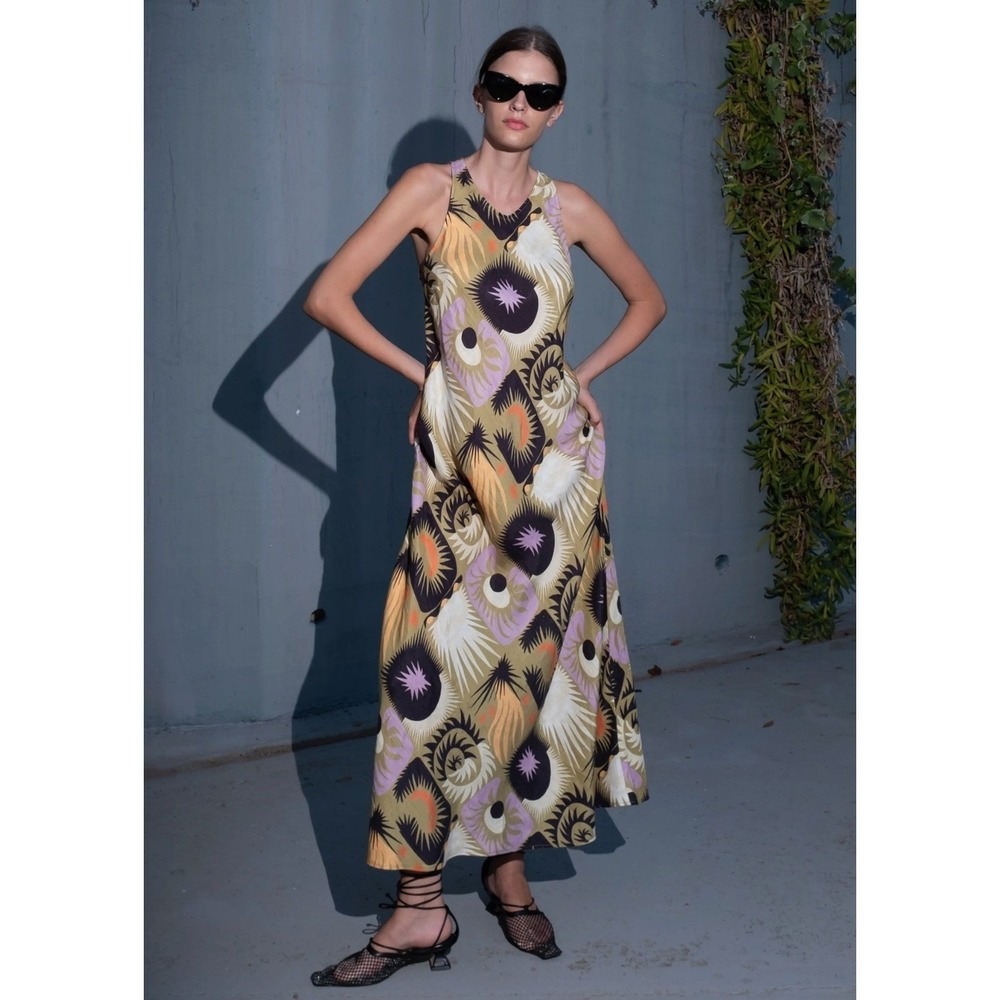 Untitled in Motion Lanelle Dress Abstract Print Maxi Green Linen Blend Sz XS